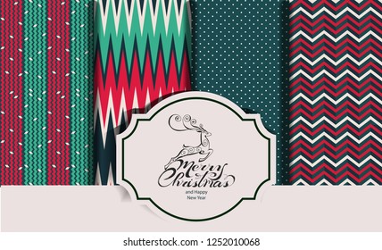 Set of Christmas seamless patterns in retro style. The vintage sixties, Art Deco. Red, blue, turquoise