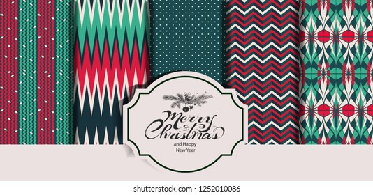 Set of Christmas seamless patterns in retro style. The vintage sixties, Art Deco. Red, blue, turquoise