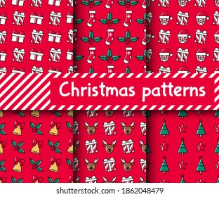 Set of Christmas seamless patterns with Santa, deers, socks, holly, gift boxes, bells, Christmas trees. Cute colorful festive red backgrounds for Christmas and New Year. Cartoon style. Vibrant colors.