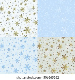 Set of Christmas Seamless Patterns with Snowflakes. New Year Snowy Textures for Wrapping-paper. Kit of Winter Ornaments for Seamlessly Replicate.