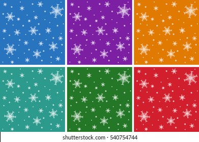A set of Christmas seamless patterns with snowflakes. On colored backgrounds.