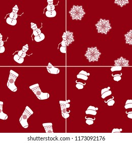 Set of Christmas Seamless Patterns, Snowman and Christmas Sock Decorated Snowflakes , Santa Claus without a Face and a Snowflake, Holiday Decorations on Red Background, Vector Illustration