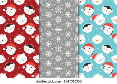 Set of Christmas seamless patterns with snowmen, penguins and snowflakes.