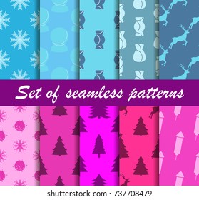 Set of Christmas seamless patterns. Sweets, gift boxes with toys. Ten winter backgrounds. Vector illustration