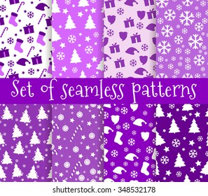 Set of christmas seamless patterns. Symbols of Christmas and winter.