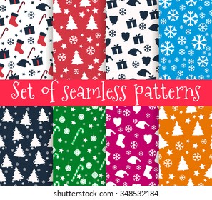 Set of christmas seamless patterns. Symbols of Christmas and winter.