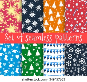 Set of christmas seamless patterns. Symbols of Christmas and winter.
