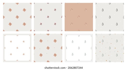 A set of Christmas seamless patterns. Christmas trees, gifts, stars, snowflakes. For postcards, decor, application on wrapping paper and fabric. Happy New Year and Merry Christmas!