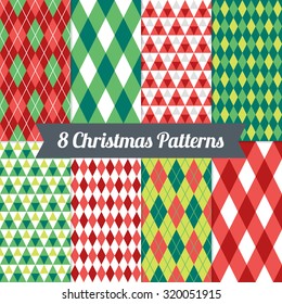Set of Christmas Seamless Patterns with Triangles, Argyle and Harlequin in Red, Green and White. Perfect for wallpapers, pattern fills, background, textile, Christmas and New Year greeting cards