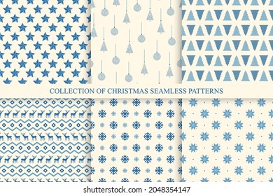 Set of christmas seamless patterns. Vector holiday blue backgrounds with xmas elements. Trendy repeatable celebration prints