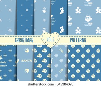 Set of Christmas seamless patterns. Xmas backgrounds textures collection for holidays season. Use for packaging, new year cards, brochures, flyers. Print on tshirts and other materials. Vector