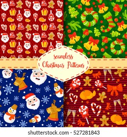 Set of Christmas seamless patterns.Backgrounds with symbols holiday and icons of family celebration elements.Winter seasonal wrapping paper, wallpaper, fabric, textile, backdrop design.Vector clip art