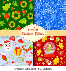 Set of Christmas seamless patterns.Backgrounds with symbols holiday and icons of family celebration elements.Winter seasonal wrapping paper, wallpaper, fabric, textile, backdrop design.Vector clip art