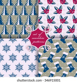 set of Christmas seamless vector illustration. Christmas symbols, patterns