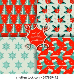 set of Christmas seamless vector illustration. Christmas symbols, patterns