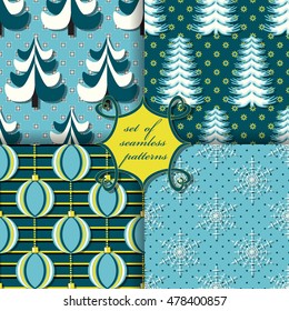 set of Christmas seamless vector illustration. Christmas symbols Christmas trees, Christmas balls, snowflakes