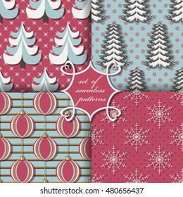 set of Christmas seamless vector illustration. Christmas symbols Christmas trees, Christmas balls, snowflakes