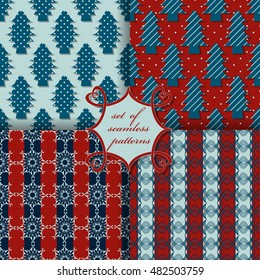 set of Christmas seamless vector illustration. Christmas tree, Christmas patterns, snowflakes