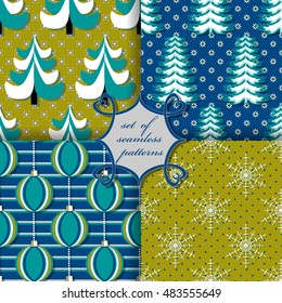 set of Christmas seamless vector illustration. Christmas symbols Christmas trees, Christmas balls, snowflakes
