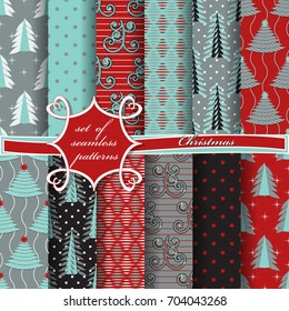 Set of christmas seamless Vector illustration. Abstract Christmas trees, stars, patterns