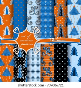 Set of christmas seamless Vector illustration. Abstract Christmas trees, stars, patterns