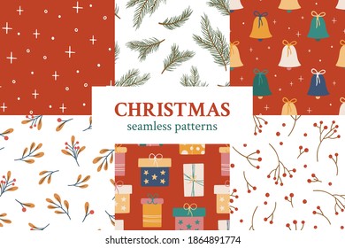 Set of Christmas seamless vector patterns. Winter collection with festive seamless background. Colorful modern vector backdrop. Surface pattern for textile, wallpaper and wrapping paper