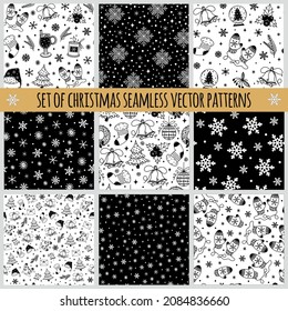 Set of Christmas seamless vector patterns. Hand-drawn festive illustrations. Seasonal monochrome backdrops with traditional holiday symbols - snowflakes, pine, stars. A simple sketch, template.