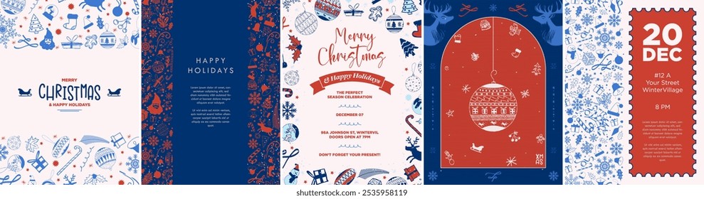 Conjunto de Navidades Temporada Póster Diseños para carteles, tarjetas de felicitación, fondos, Anuncios, publicaciones en redes sociales, invitaciones, impresiones. Plantillas de vacaciones de invierno de color azul, rojo y crema. Vector.