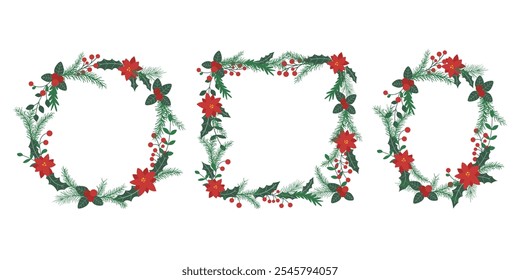 Set of Christmas shapes with berries, foliage and holly. Festive natural round, square and oval border. Greeting frame vector illustration. Decorative natural traditional frame