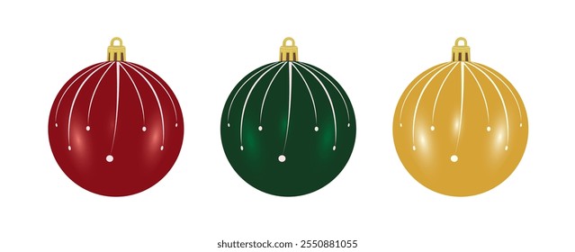 Set of Christmas Shiny Glass Ball ornament vector illustration. Red, green, and golden shiny glass ball