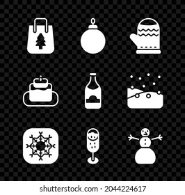 Set Christmas shopping bag, ball, mitten, Snowflake, Glass of champagne, snowman, Cake and Champagne bottle icon. Vector