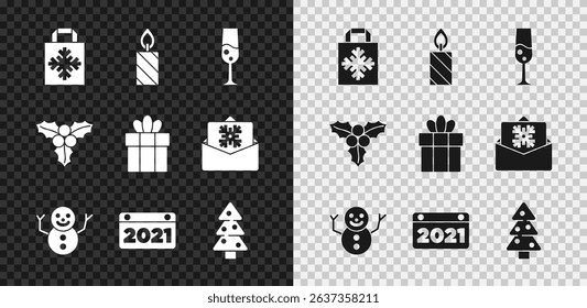 Set Christmas shopping bag, Burning candle, Glass of champagne, snowman, Calendar, tree, Branch viburnum and Gift box icon. Vector