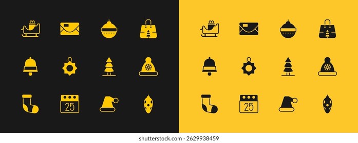 Set Christmas shopping bag, day calendar, tree, Santa Claus hat, toy, ball, santa claus sleigh and Envelope icon. Vector