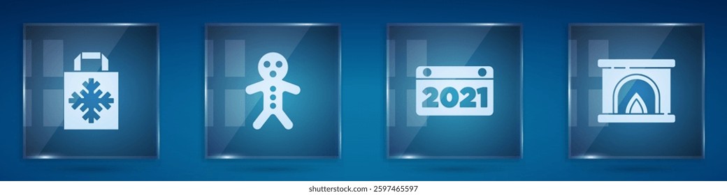 Set Christmas shopping bag, Holiday gingerbread man cookie, Calendar and Interior fireplace. Square glass panels. Vector