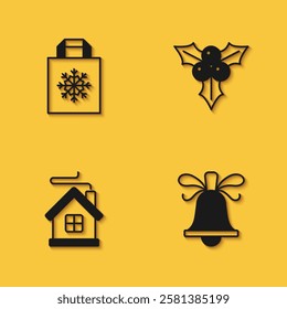 Set Christmas shopping bag, ringing bell, Merry house and Branch viburnum icon with long shadow. Vector