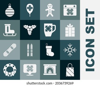 Set Christmas shopping bag, Snowflake, Gift box, Holiday gingerbread man cookie, Branch viburnum, Figure skates, ball and Coffee cup with snowflake icon. Vector
