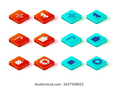 Set Christmas shopping bag, wreath, candy cane, Gift box, Bow tie and Snowflake icon. Vector