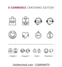 Set of christmas shopping and e-commerce related line icons. Icons with snow and christmas mood for online stores interface.