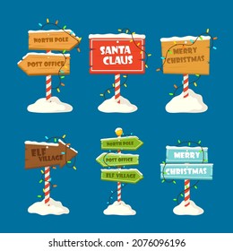 Set of Christmas Signboards, Wooden Signs with Garlands and Striped Pole in Snow. Wood Banners, Road Direction Arrows Santa Claus, North Pole, Elf Village, Post Office. Cartoon Vector Illustration