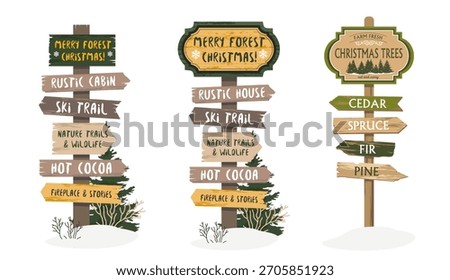 A set of Christmas signposts with arrows - Merry forest Christmas, rustic cabins, ski trail, hot cocoa.  Rustic wooden eco road sign and pointer. Illustrated vector clipart. Hand draw no ai.