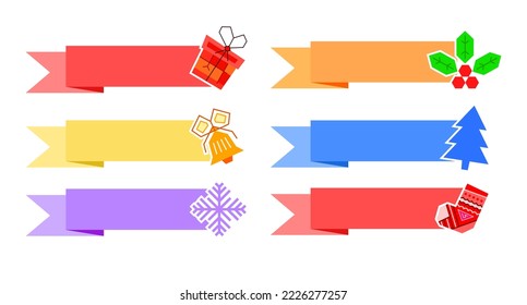 Set of Christmas signs with gift and Christmas tree, sock, snowflake and bell, collection of advertising banners with field for text, discounts or slogans, template for promotions. Vector illustration