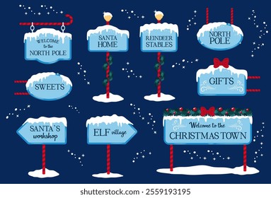 Set of Christmas signs, road signs, pointers. North Pole and Santa Claus Village welcome Signs. Illustration vector clipart.