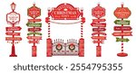 A set of Christmas signs and road signs. Signs for the Christmas town and the North Pole with arrows. Gates with wrought iron doors. Pointer with inscriptions of Santa workshop, village elf and more.