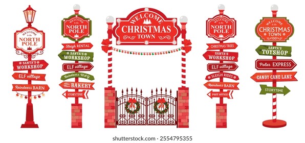 A set of Christmas signs and road signs. Signs for the Christmas town and the North Pole with arrows. Gates with wrought iron doors. Pointer with inscriptions of Santa workshop, village elf and more.