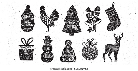 Set of christmas silhouette with lettering. Illustration on a white background.