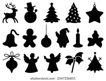 Set of Christmas silhouettes, Christmas icons, isolated vector on white background.