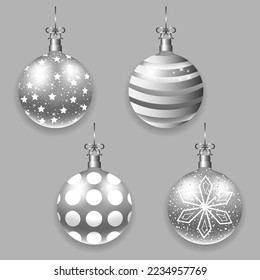 Set of Christmas silver balls with bows. Winter holidays. Vector art. Silver illustration.