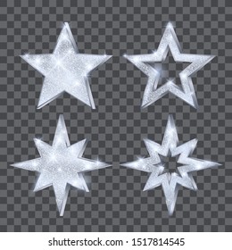 Set of Christmas silver stars. Luxury and glamour glitter star. Decoration element for holiday card or banner. Vector illustration isolated on transparent background