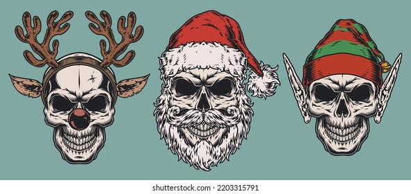 Set Christmas skulls colorful vintage emblems with Santa Claus and elf for winter party for new year celebration vector illustration