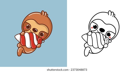 Set Christmas Sloth Multicolored and Black and White. Kawaii Clip Art Christmas Tropical Animal. Cute Vector Illustration of a Kawaii Animal for Christmas Stickers. 
